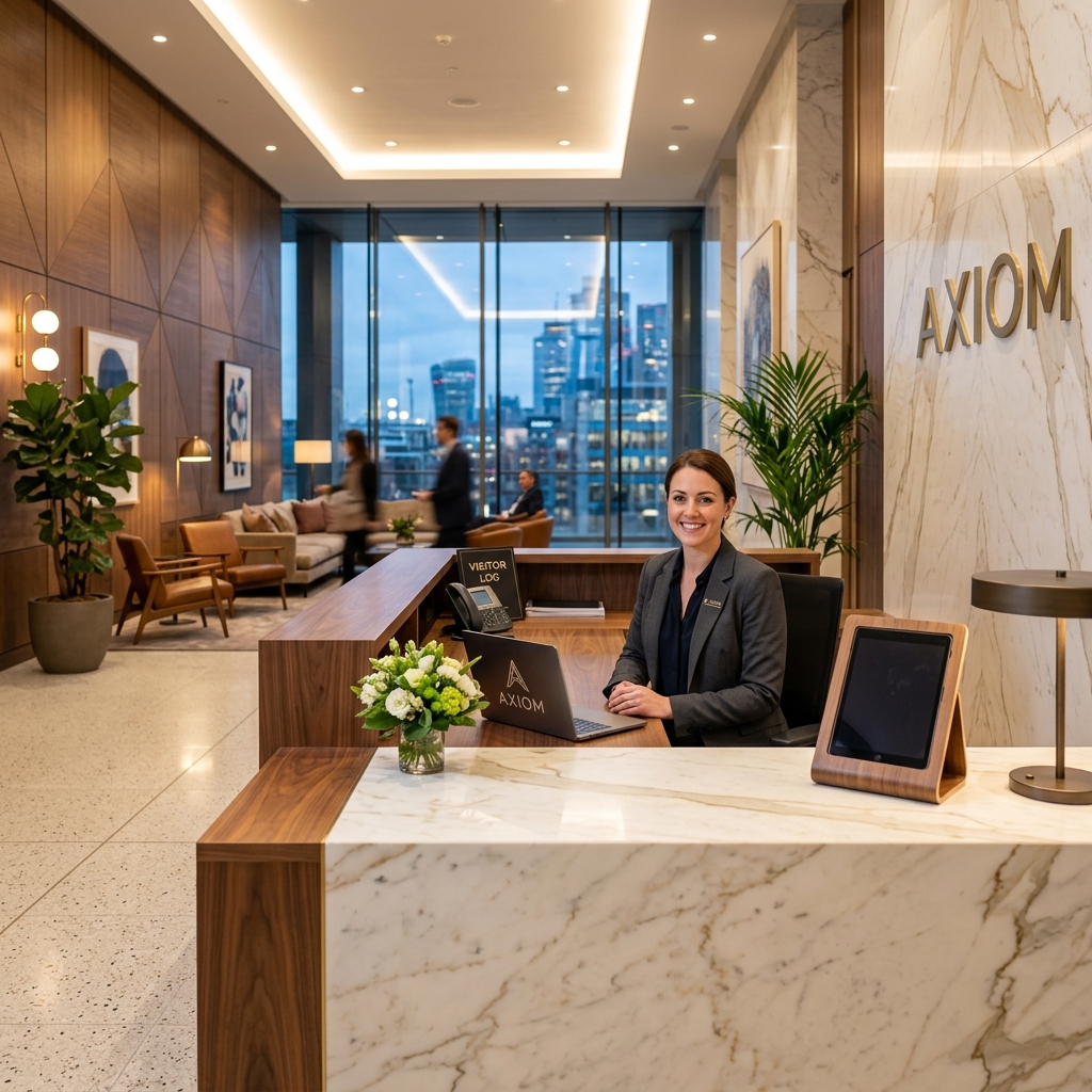 Recepção de escritório corporativo com recepcionista sorridente